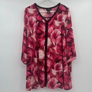 Catherines Top Women 3X Red White Any Wear 3/4 Sleeve Liquid Knit Stretch Floral